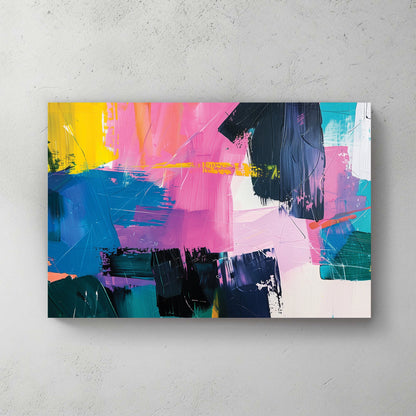 A bold abstract wall art print with layered brushstrokes of pink, blue, yellow, and black, creating a textured and vibrant composition