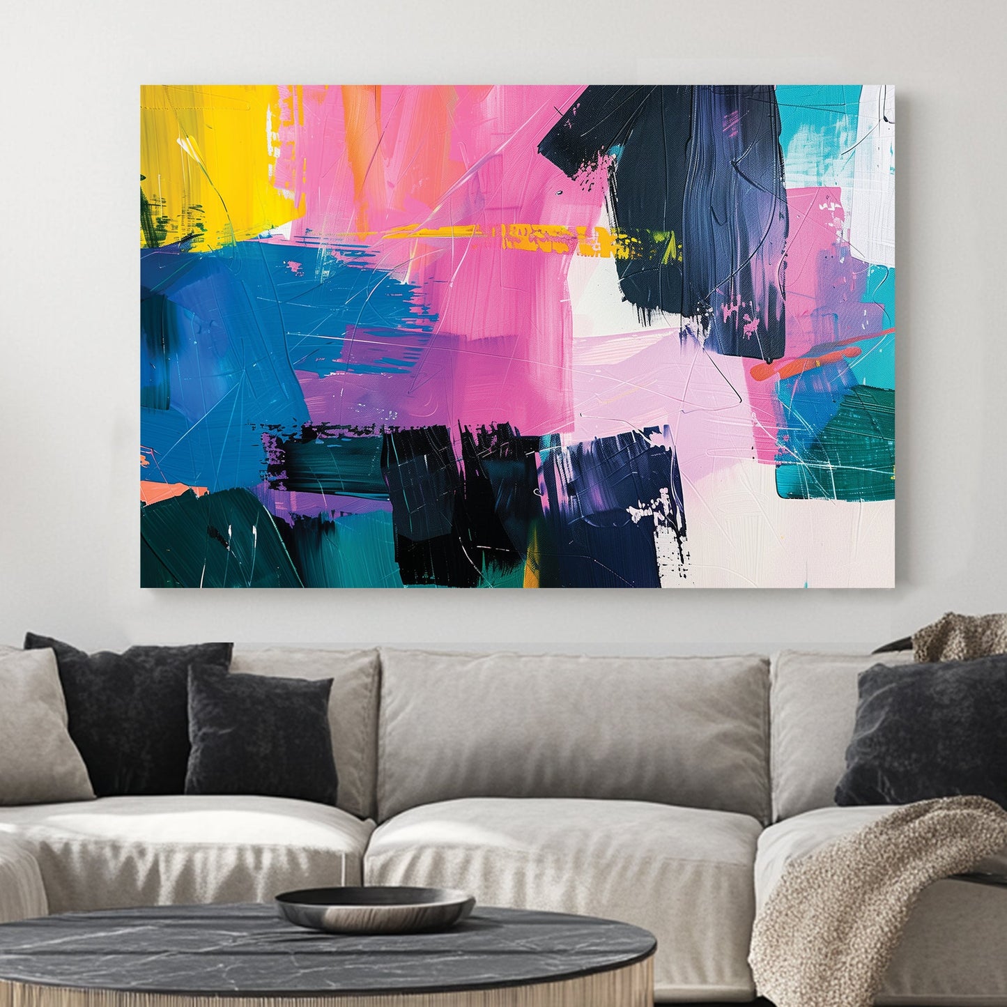 A bold abstract wall art print with layered brushstrokes of pink, blue, yellow, and black, creating a textured and vibrant composition