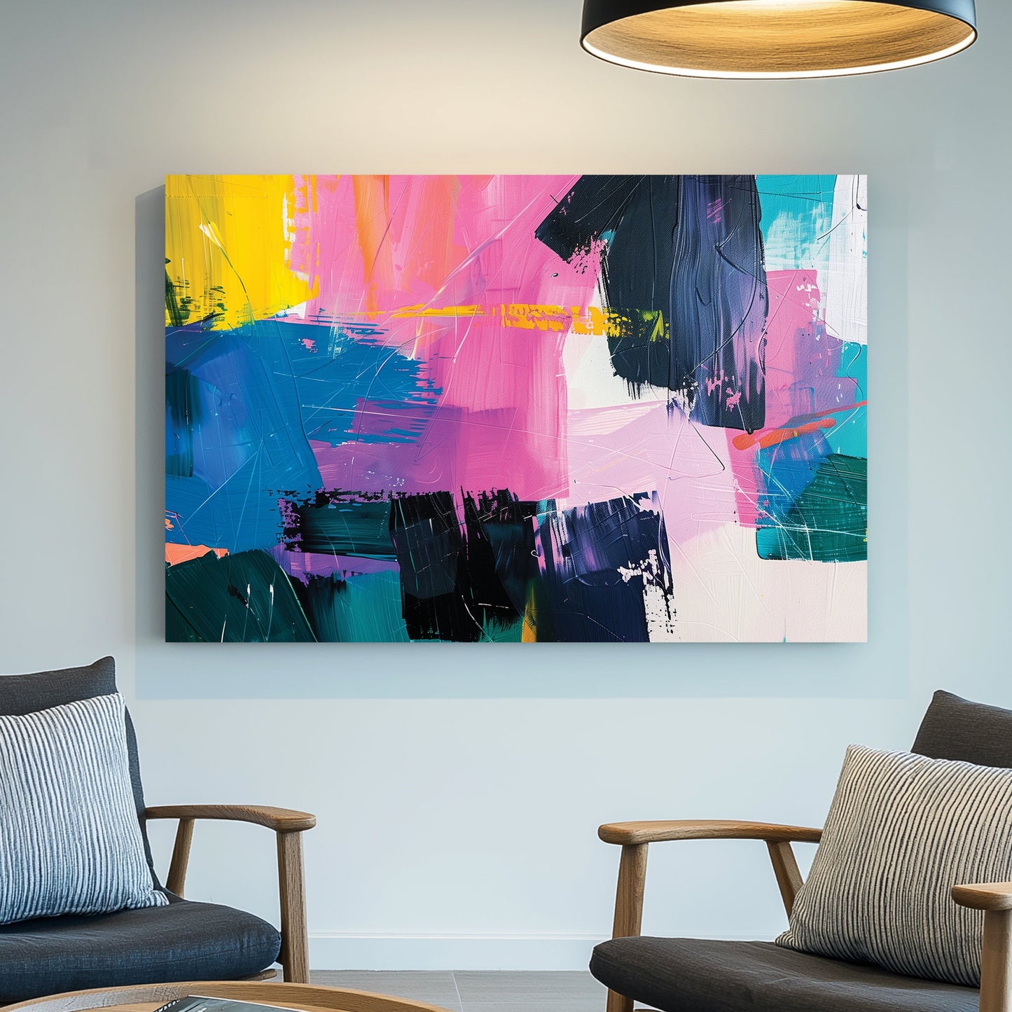 A bold abstract wall art print with layered brushstrokes of pink, blue, yellow, and black, creating a textured and vibrant composition