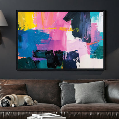 A bold abstract wall art print with layered brushstrokes of pink, blue, yellow, and black, creating a textured and vibrant composition