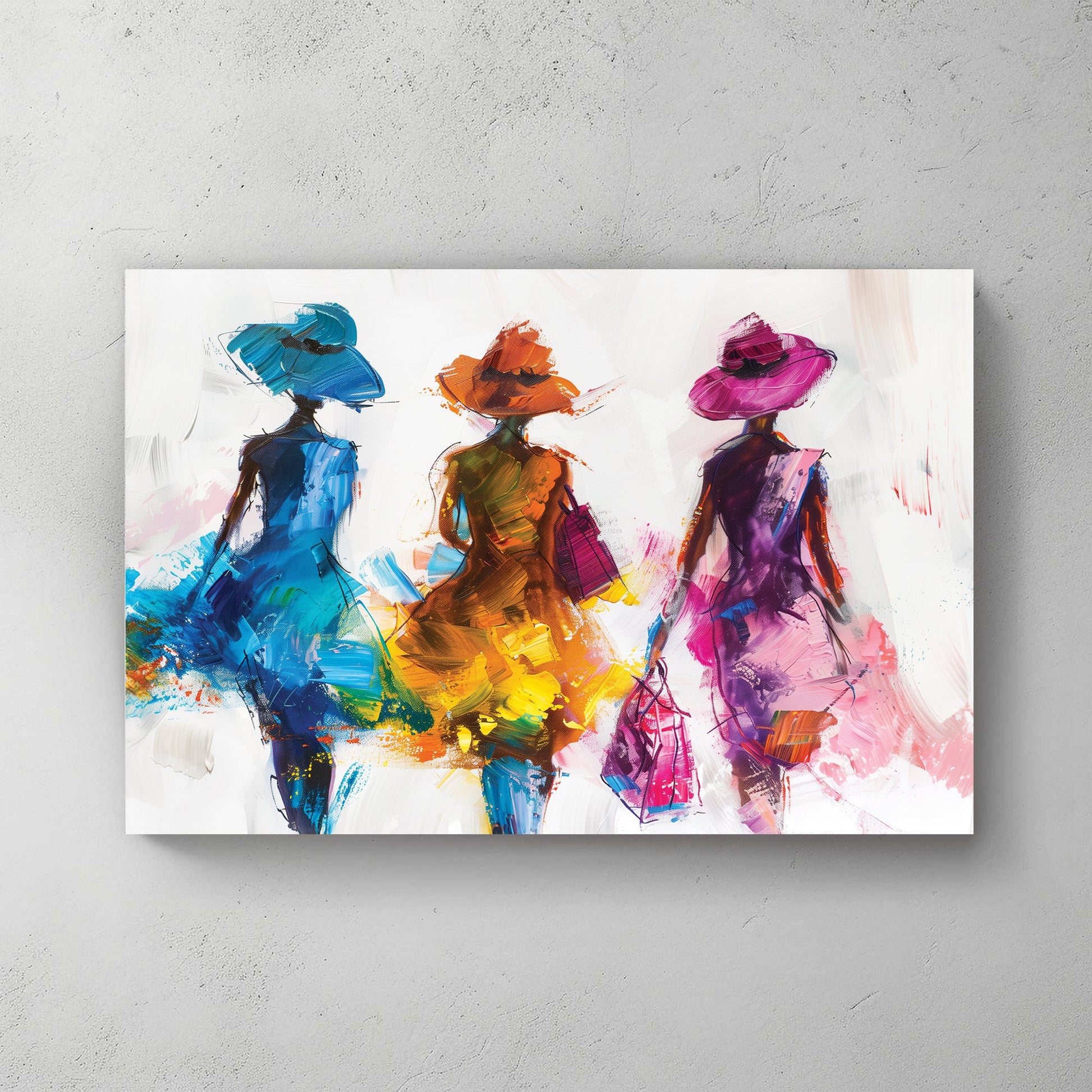 A contemporary wall art print of three stylish women in flowing blue, orange, and pink dresses, depicted with bold brushstrokes and textured layers