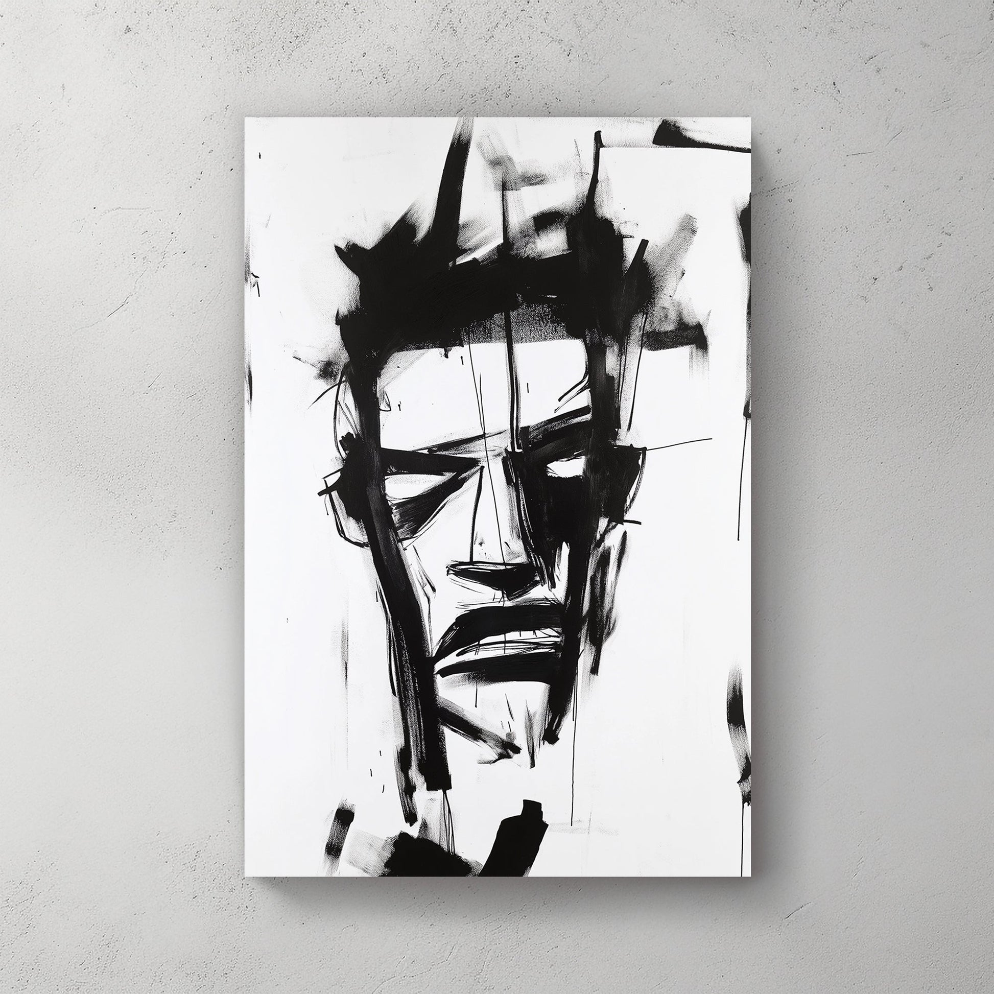 A black-and-white abstract wall art print featuring bold, expressive brushstrokes that create a fragmented and intense facial expression