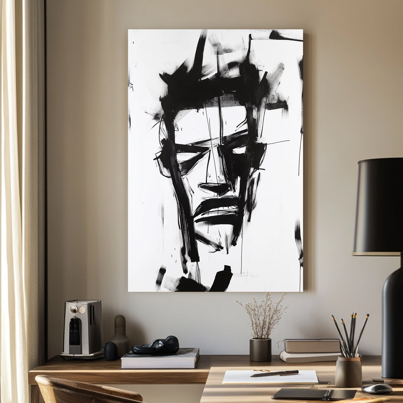 A black-and-white abstract wall art print featuring bold, expressive brushstrokes that create a fragmented and intense facial expression