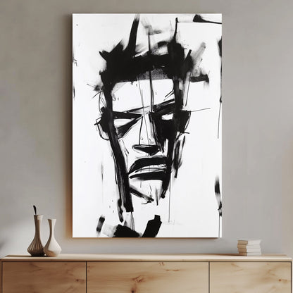 A black-and-white abstract wall art print featuring bold, expressive brushstrokes that create a fragmented and intense facial expression