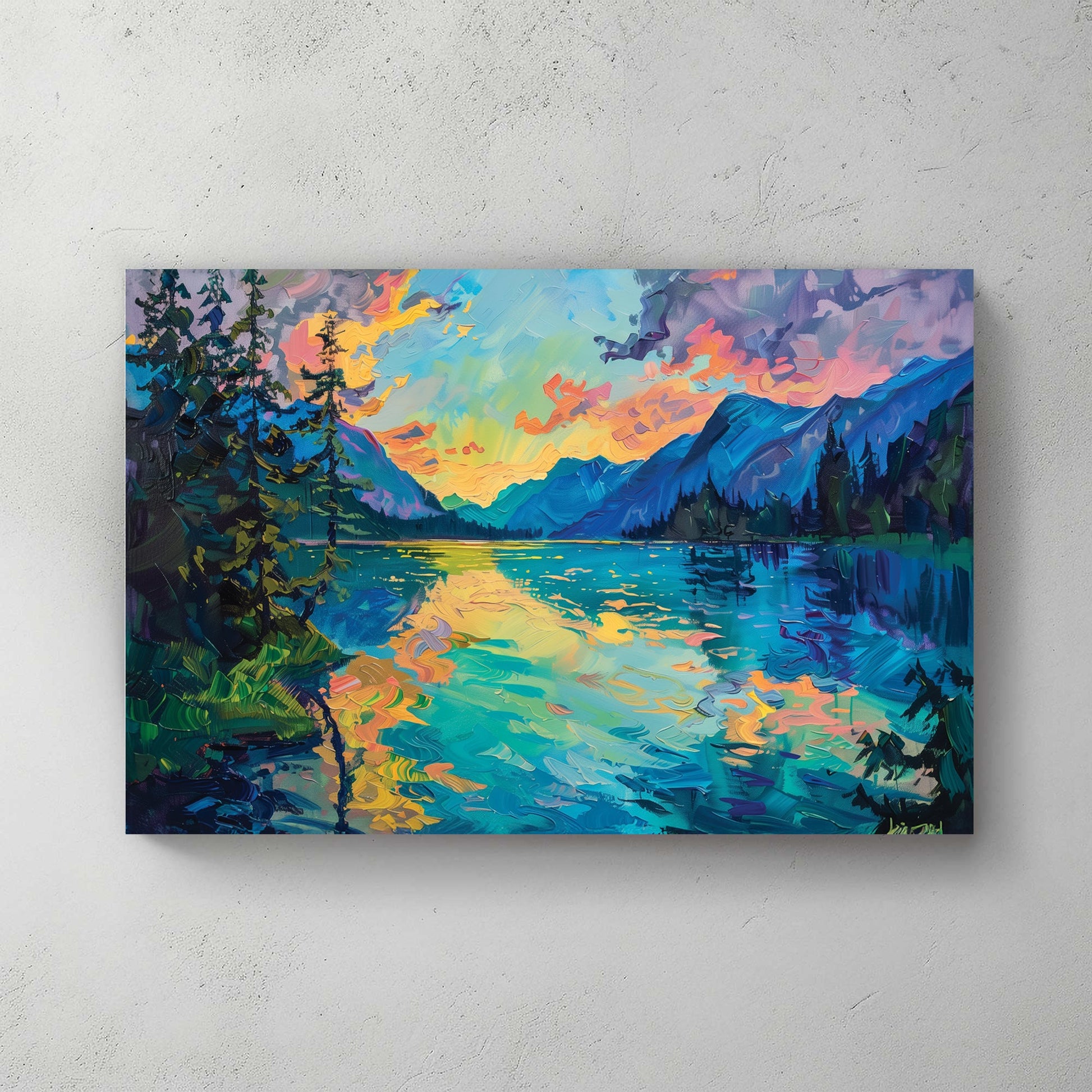 A vivid impressionist wall art print of a mountain lake at twilight, with reflections of a golden sunset on the water, surrounded by towering evergreens and distant mountains