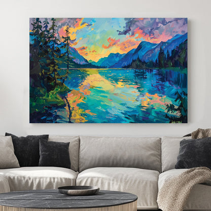 A vivid impressionist wall art print of a mountain lake at twilight, with reflections of a golden sunset on the water, surrounded by towering evergreens and distant mountains