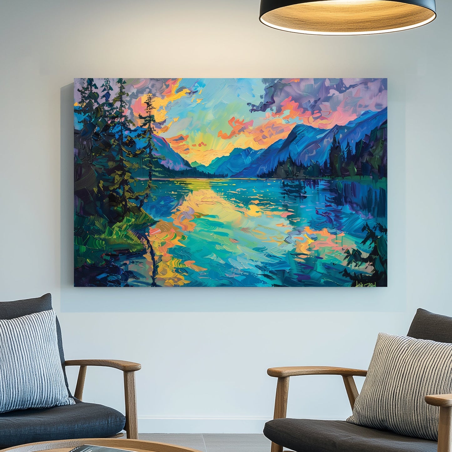 A vivid impressionist wall art print of a mountain lake at twilight, with reflections of a golden sunset on the water, surrounded by towering evergreens and distant mountains