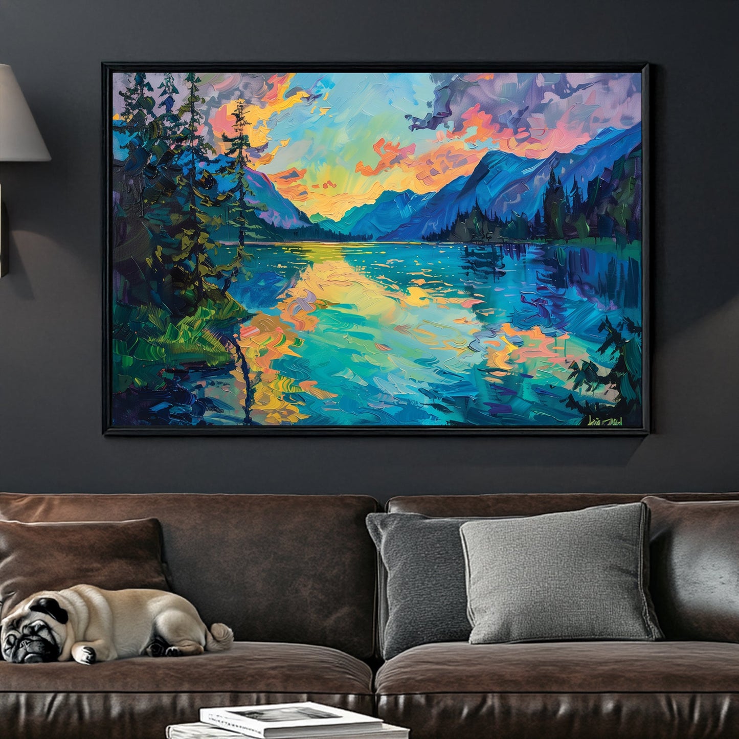 A vivid impressionist wall art print of a mountain lake at twilight, with reflections of a golden sunset on the water, surrounded by towering evergreens and distant mountains