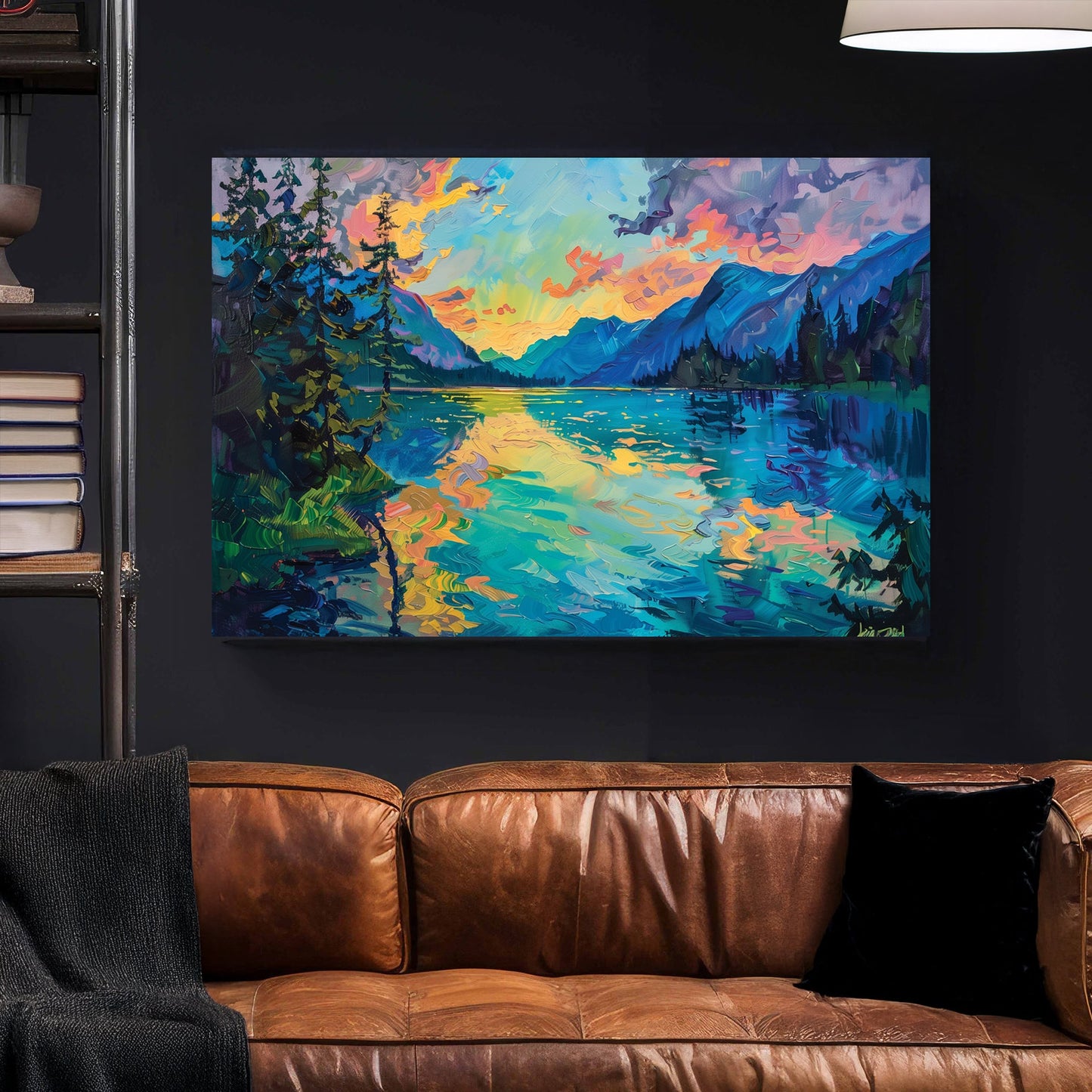 A vivid impressionist wall art print of a mountain lake at twilight, with reflections of a golden sunset on the water, surrounded by towering evergreens and distant mountains