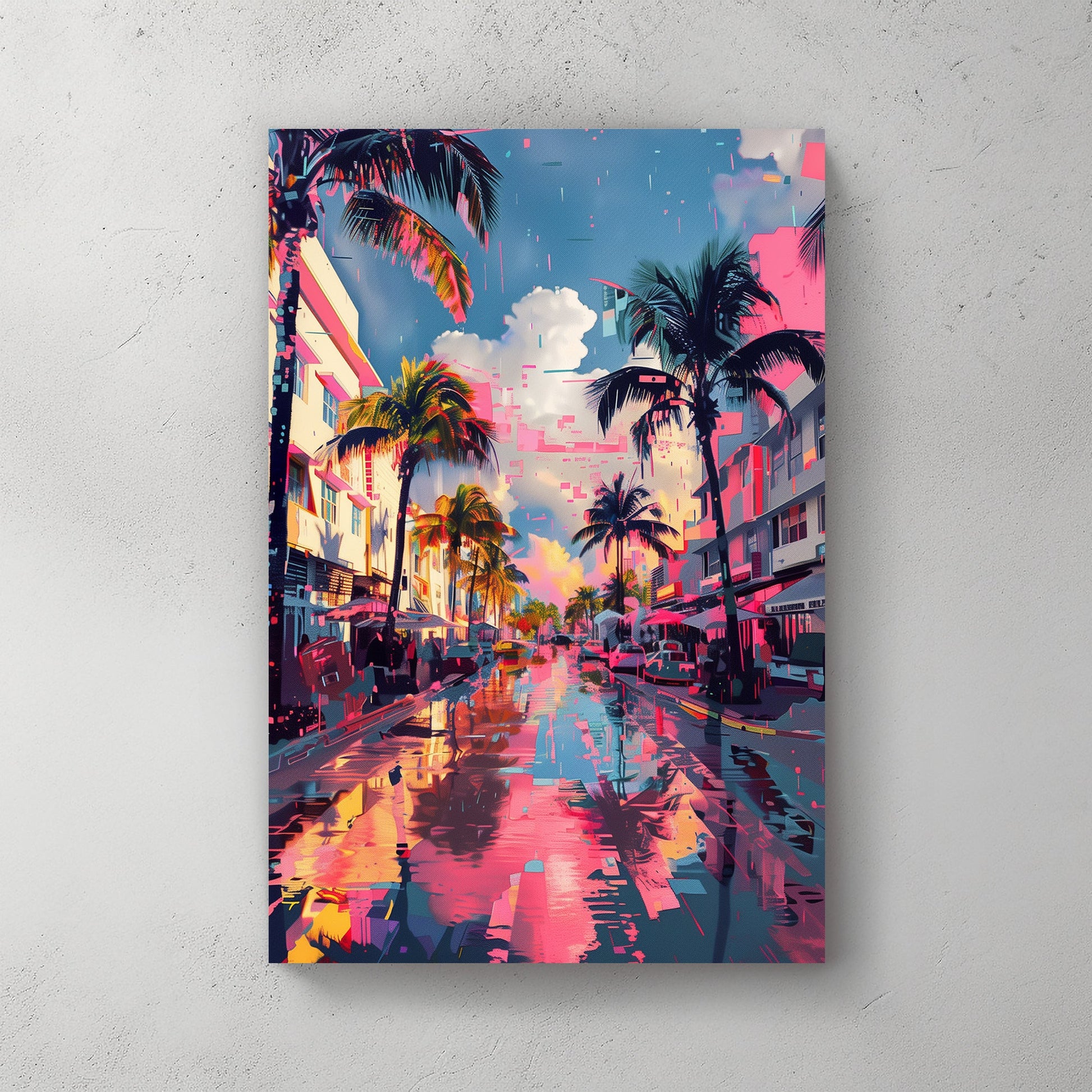 A vibrant futuristic wall art print of a city street lined with palm trees, reflecting neon pinks and blues in a cyberpunk-inspired, digitally distorted scene