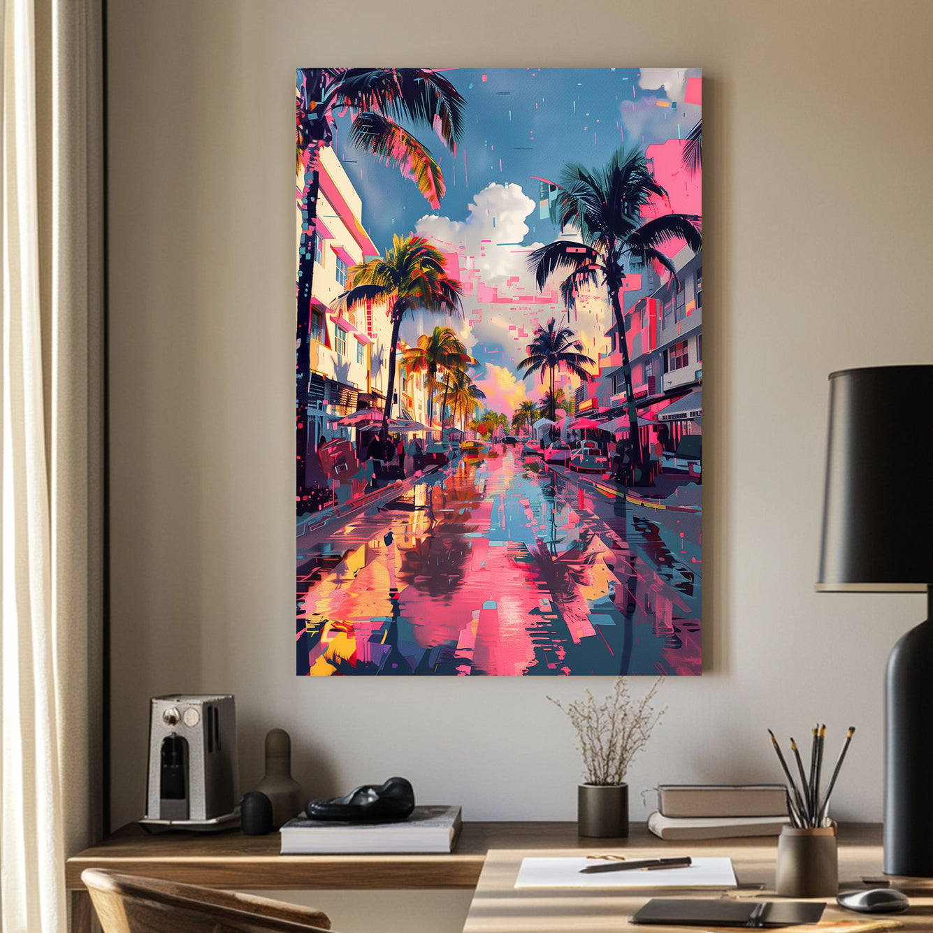 A vibrant futuristic wall art print of a city street lined with palm trees, reflecting neon pinks and blues in a cyberpunk-inspired, digitally distorted scene
