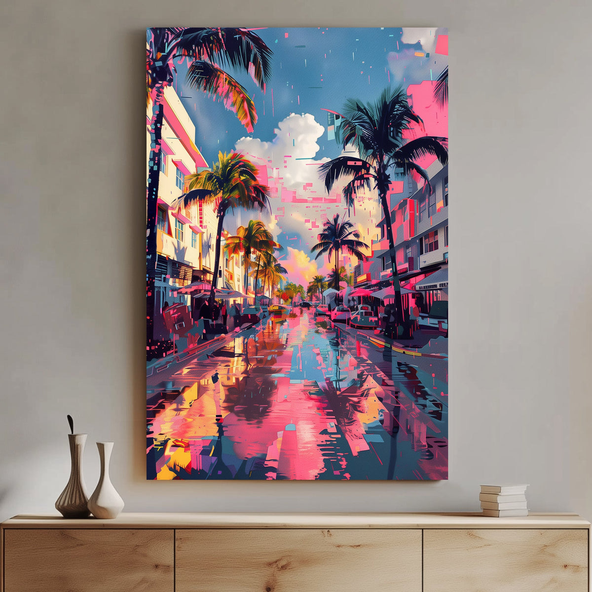 A vibrant futuristic wall art print of a city street lined with palm trees, reflecting neon pinks and blues in a cyberpunk-inspired, digitally distorted scene