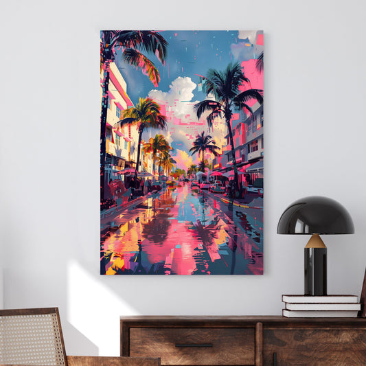 A vibrant futuristic wall art print of a city street lined with palm trees, reflecting neon pinks and blues in a cyberpunk-inspired, digitally distorted scene