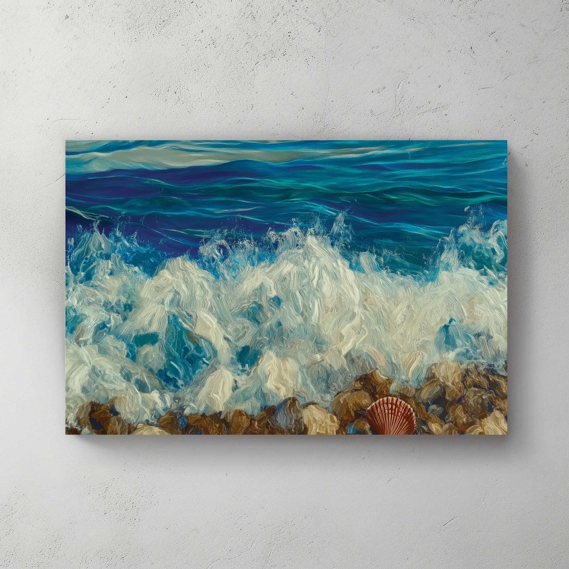 A textured oil wall art print of ocean waves crashing onto a rocky shore, with a single seashell resting among the stones.