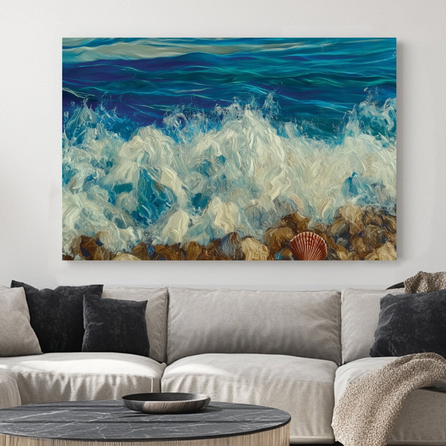 A textured oil wall art print of ocean waves crashing onto a rocky shore, with a single seashell resting among the stones.