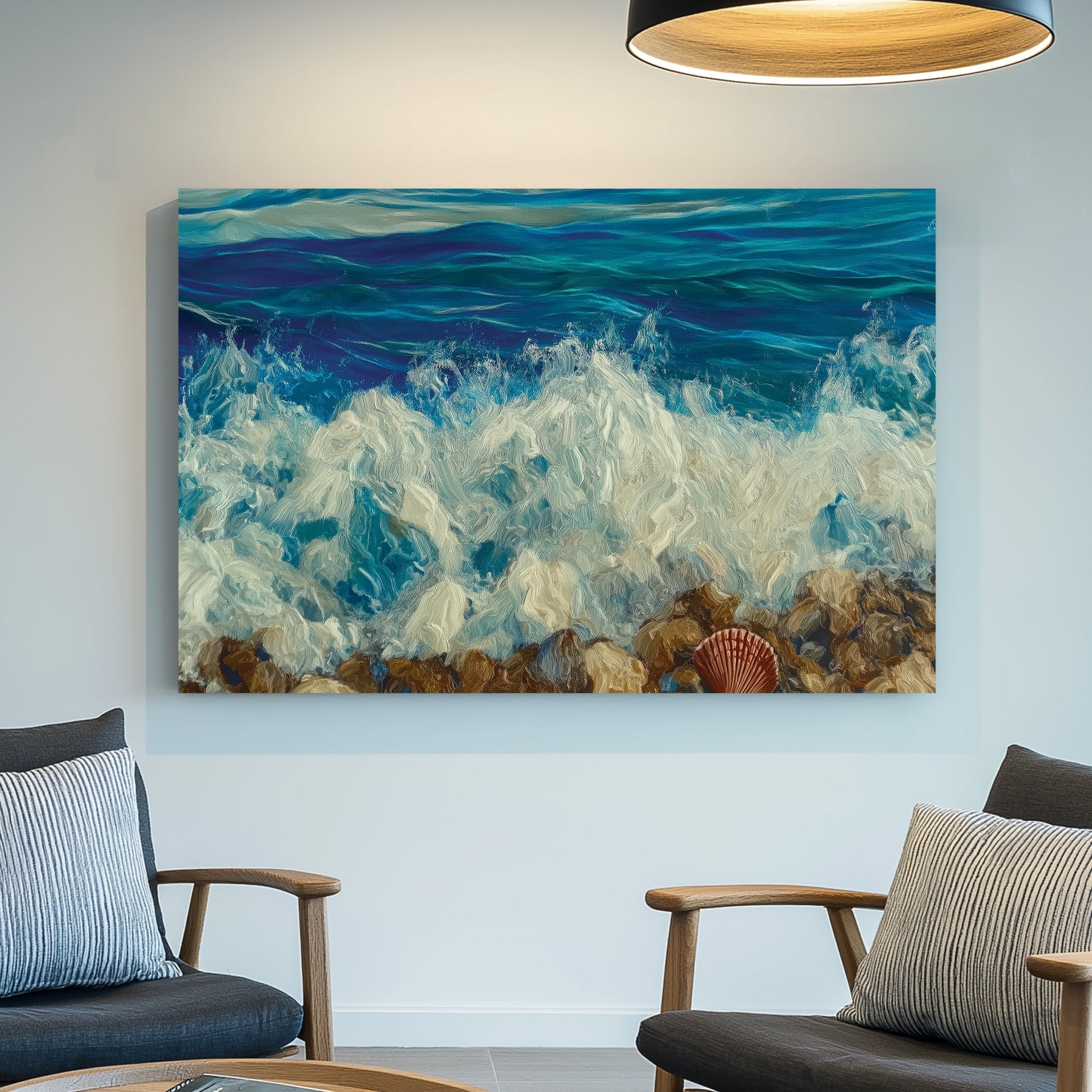 A textured oil wall art print of ocean waves crashing onto a rocky shore, with a single seashell resting among the stones.