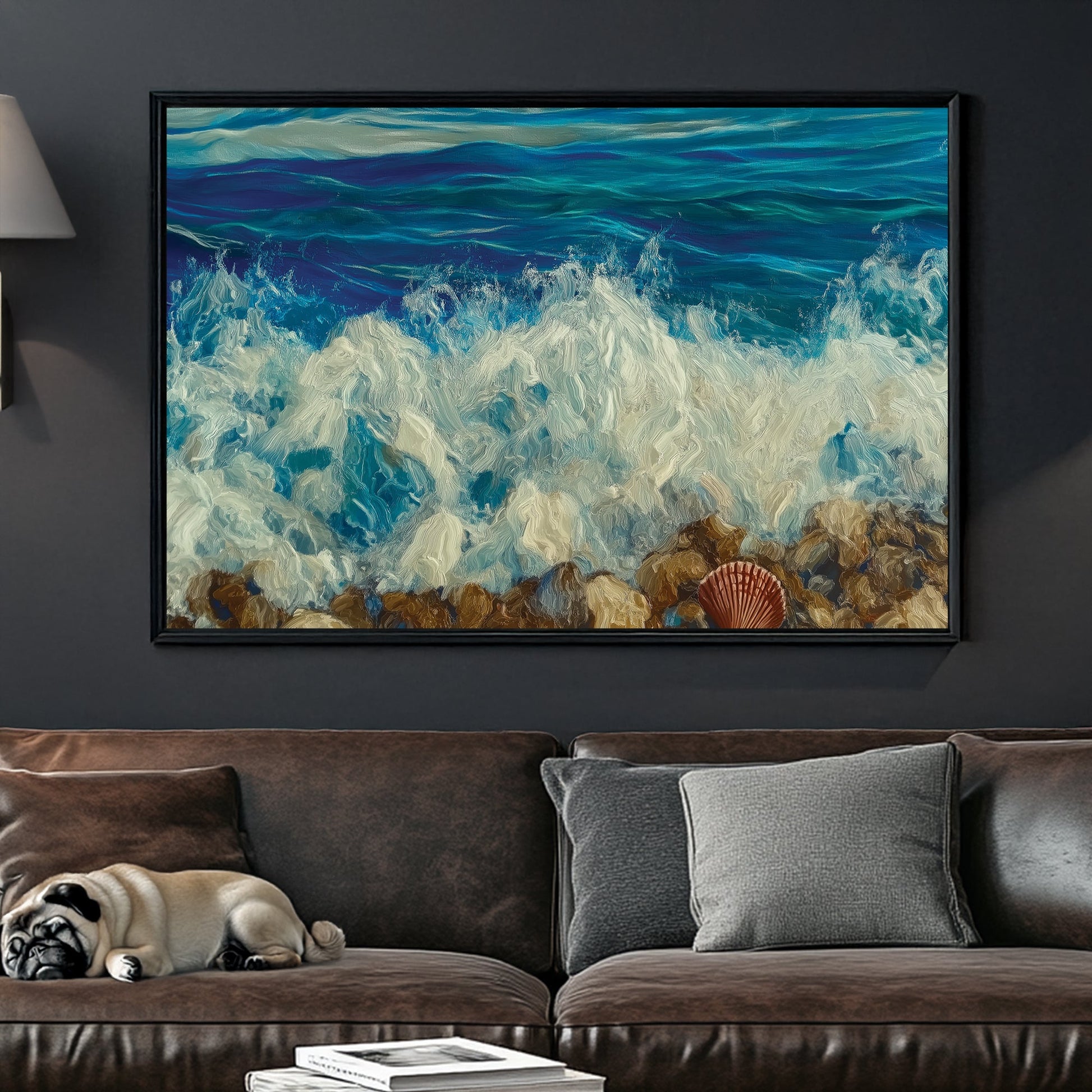 A textured oil wall art print of ocean waves crashing onto a rocky shore, with a single seashell resting among the stones.