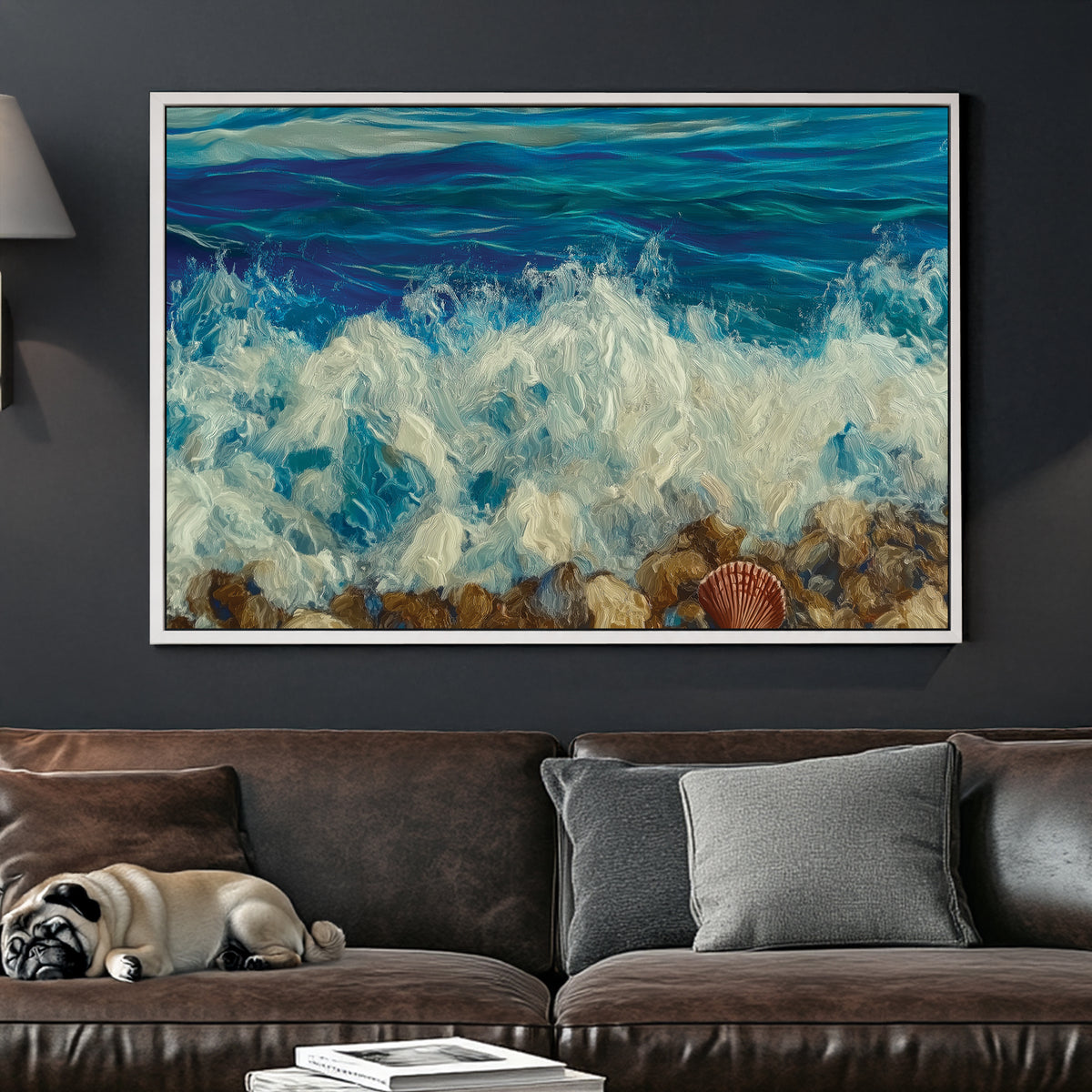 A textured oil wall art print of ocean waves crashing onto a rocky shore, with a single seashell resting among the stones.