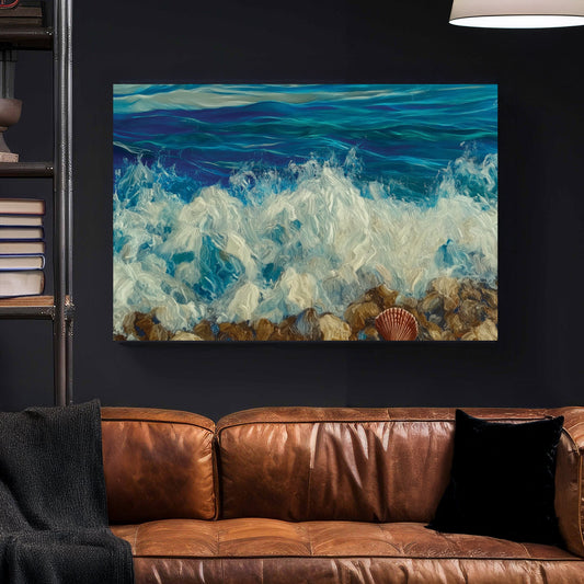 A textured oil wall art print of ocean waves crashing onto a rocky shore, with a single seashell resting among the stones.