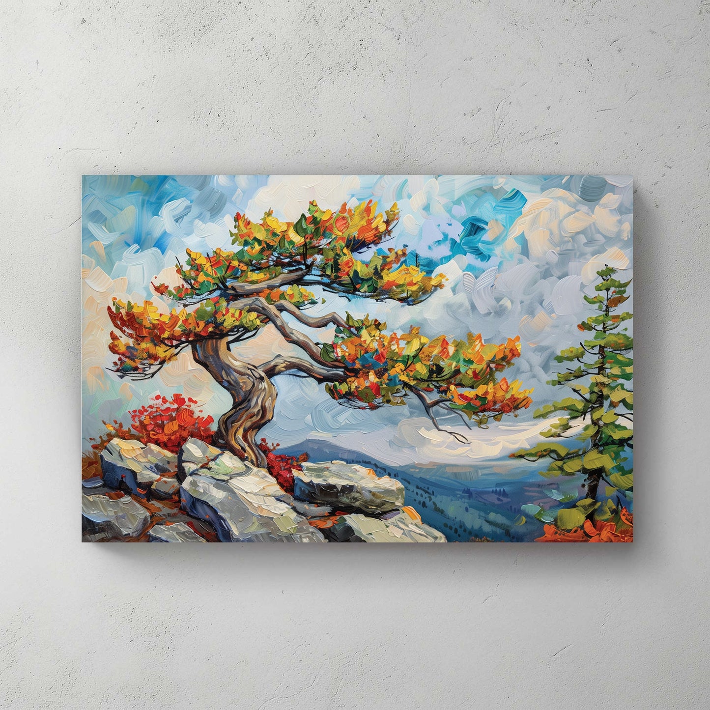 A striking oil wall art print of a twisted mountain tree with vibrant autumn leaves, standing on a rocky cliff against a vast, cloud-filled sky