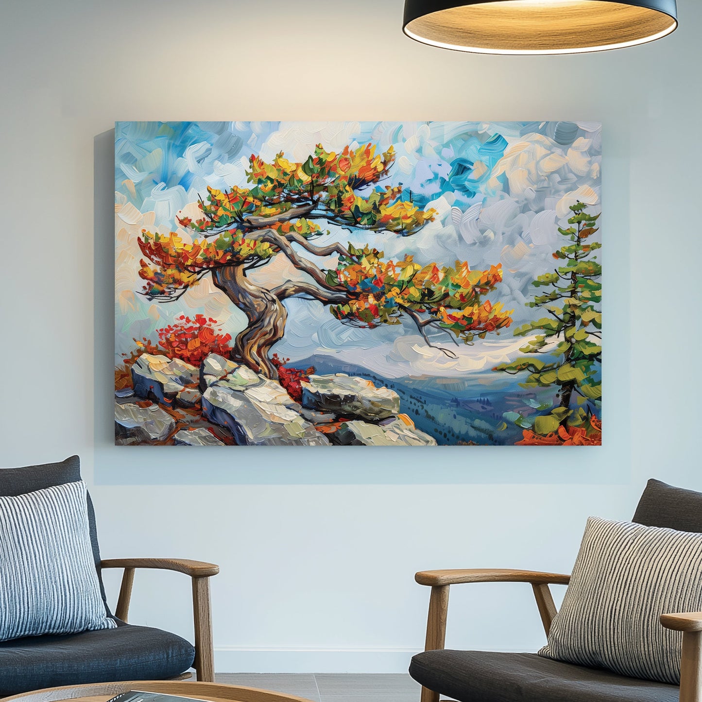 A striking oil wall art print of a twisted mountain tree with vibrant autumn leaves, standing on a rocky cliff against a vast, cloud-filled sky