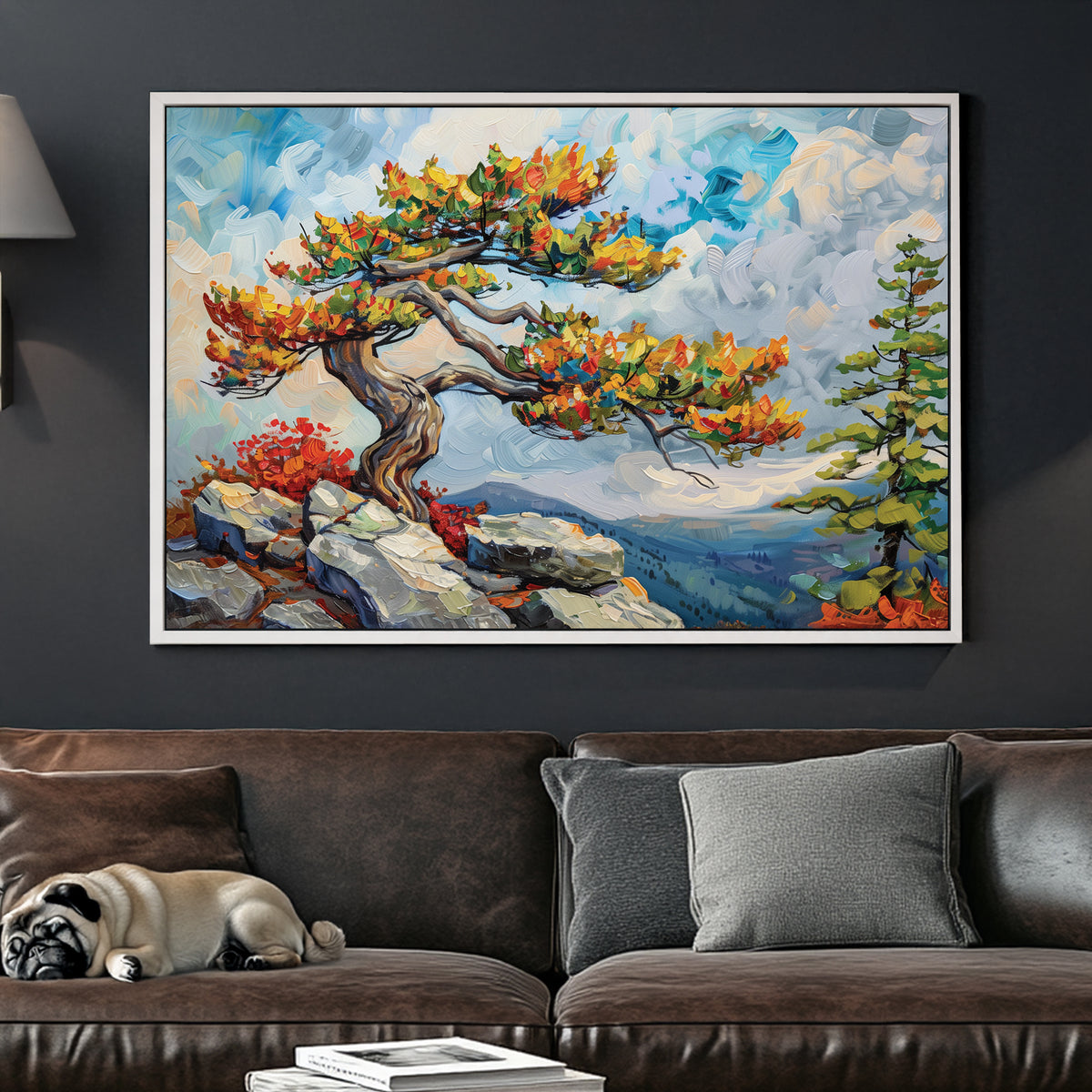 A striking oil wall art print of a twisted mountain tree with vibrant autumn leaves, standing on a rocky cliff against a vast, cloud-filled sky