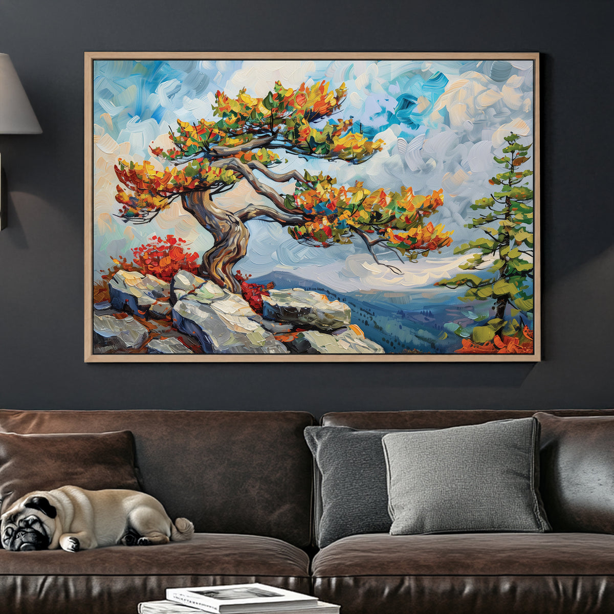 A striking oil wall art print of a twisted mountain tree with vibrant autumn leaves, standing on a rocky cliff against a vast, cloud-filled sky