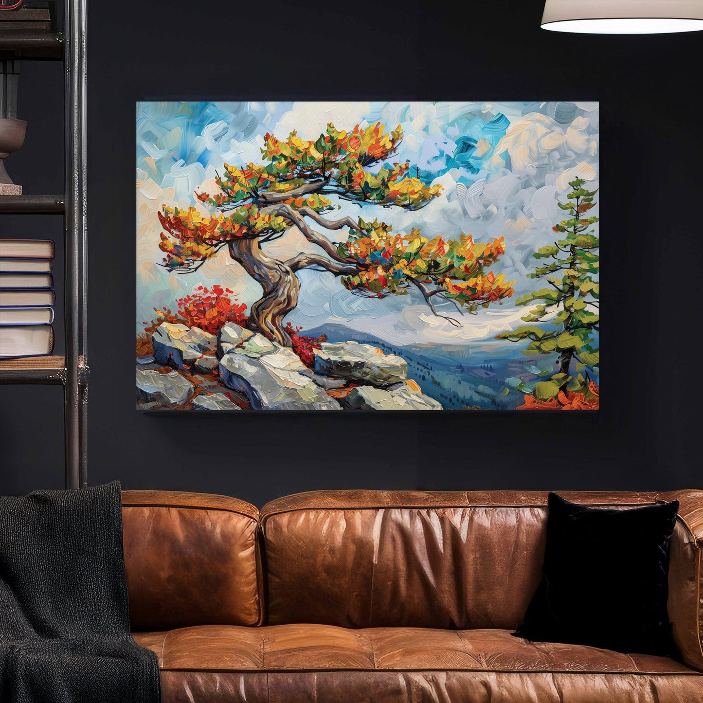 A striking oil wall art print of a twisted mountain tree with vibrant autumn leaves, standing on a rocky cliff against a vast, cloud-filled sky