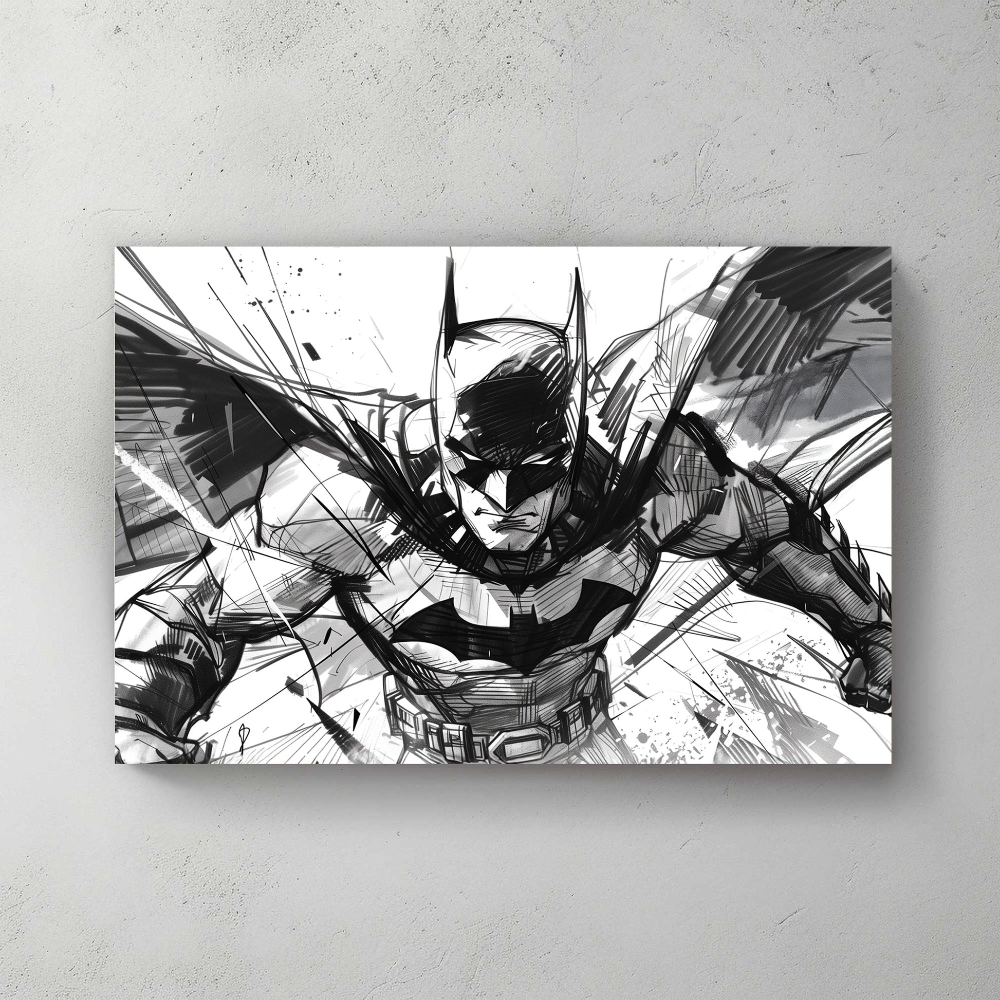 A black-and-white contemporary wall art print featuring Batman in an intense action pose, illustrated with bold brushstrokes and dynamic sketch lines