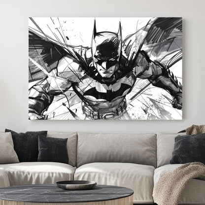 A black-and-white contemporary wall art print featuring Batman in an intense action pose, illustrated with bold brushstrokes and dynamic sketch lines