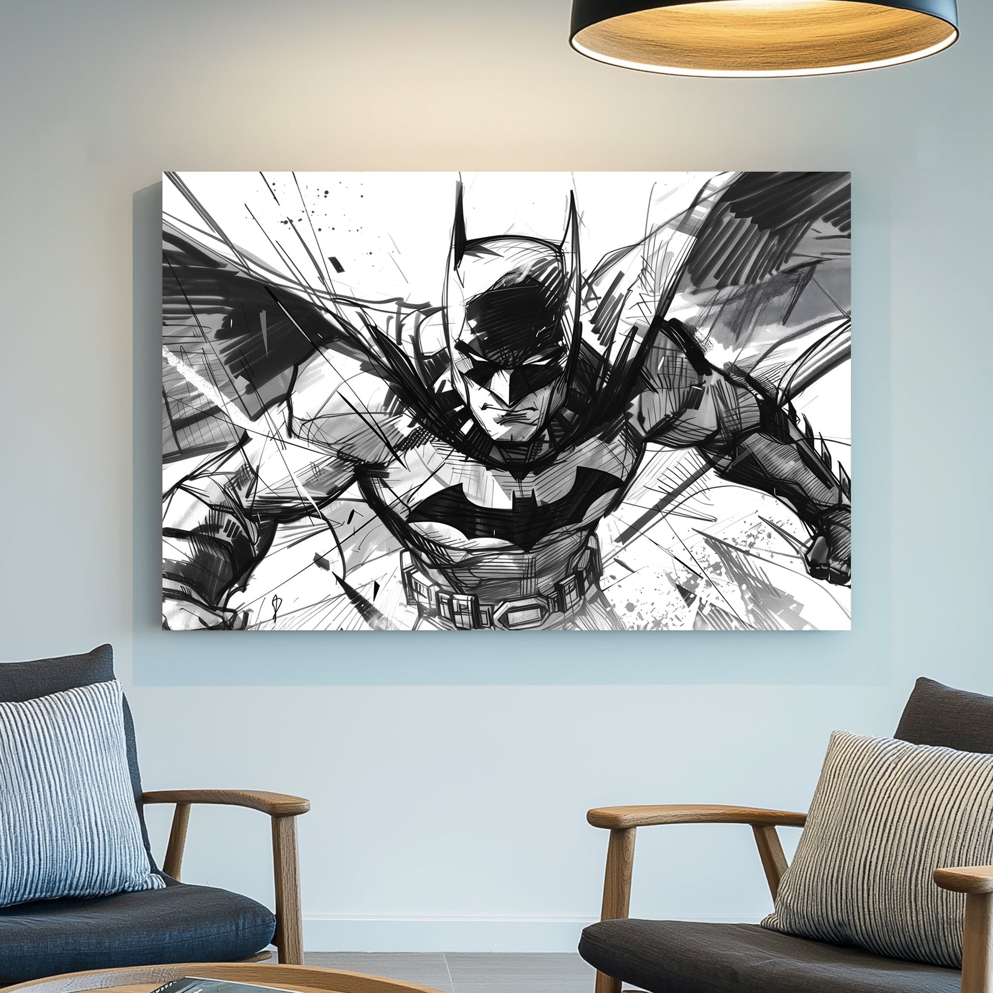 A black-and-white contemporary wall art print featuring Batman in an intense action pose, illustrated with bold brushstrokes and dynamic sketch lines