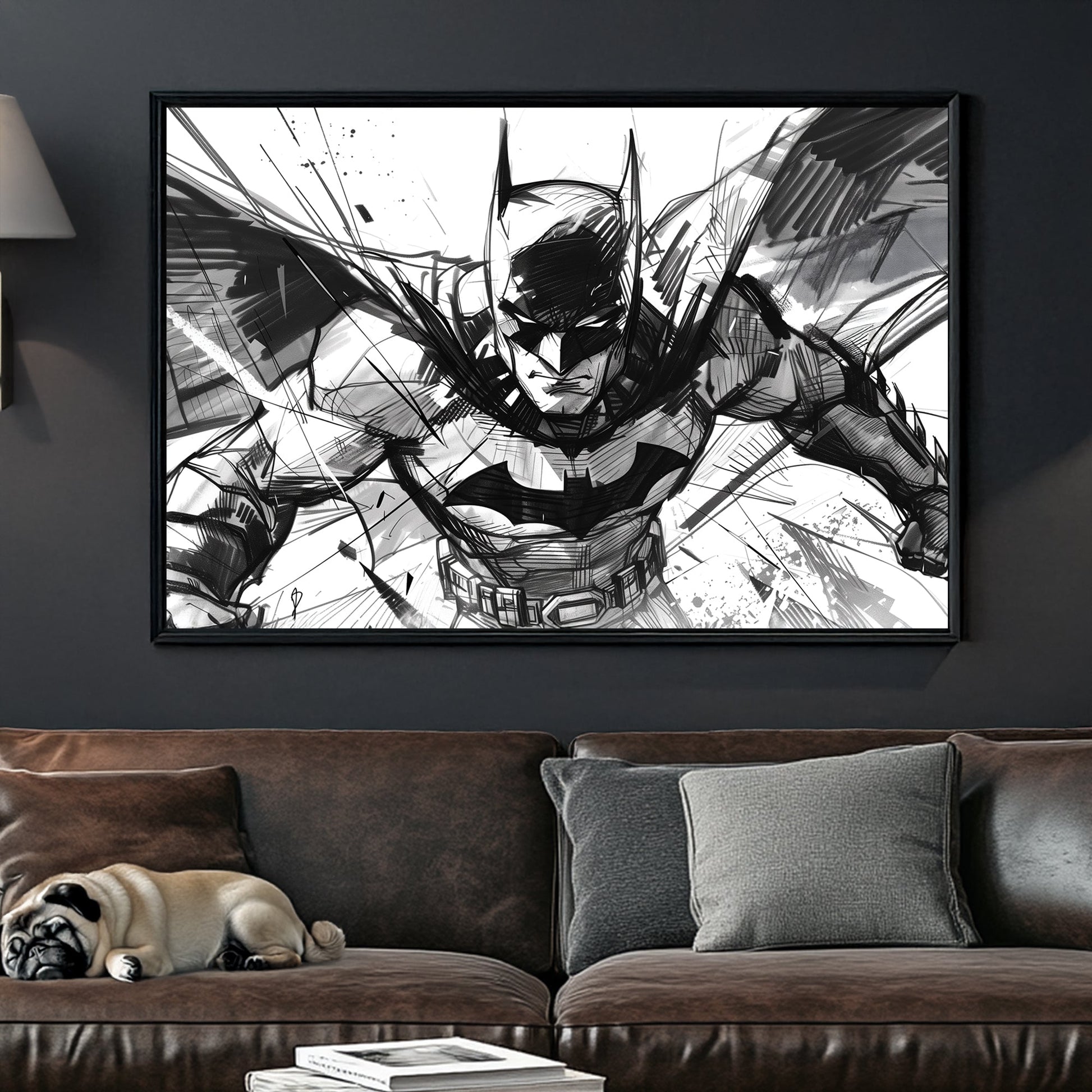 A black-and-white contemporary wall art print featuring Batman in an intense action pose, illustrated with bold brushstrokes and dynamic sketch lines