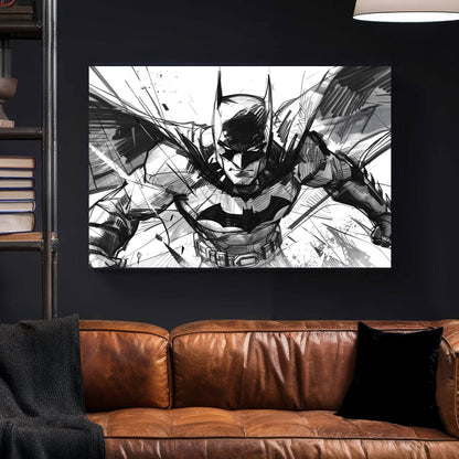 A black-and-white contemporary wall art print featuring Batman in an intense action pose, illustrated with bold brushstrokes and dynamic sketch lines