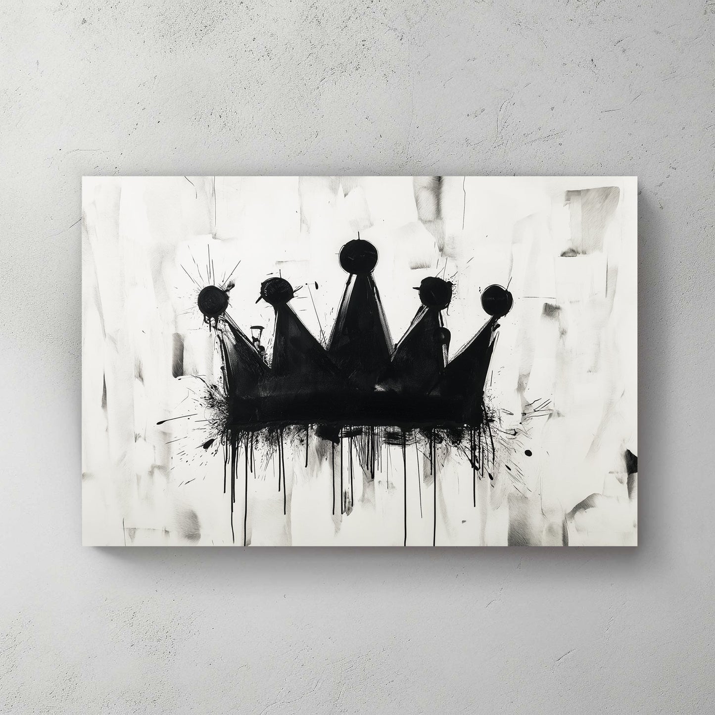 A black and white contemporary wall art print featuring a dripping black crown on a textured abstract background, blending graffiti and modern artistic elements