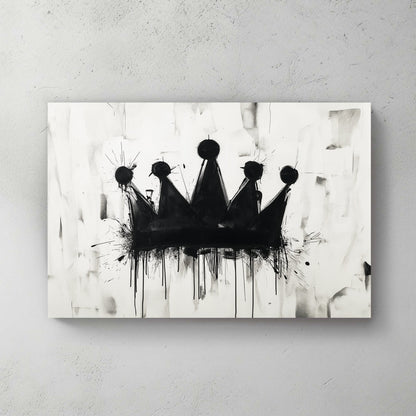 A black and white contemporary wall art print featuring a dripping black crown on a textured abstract background, blending graffiti and modern artistic elements