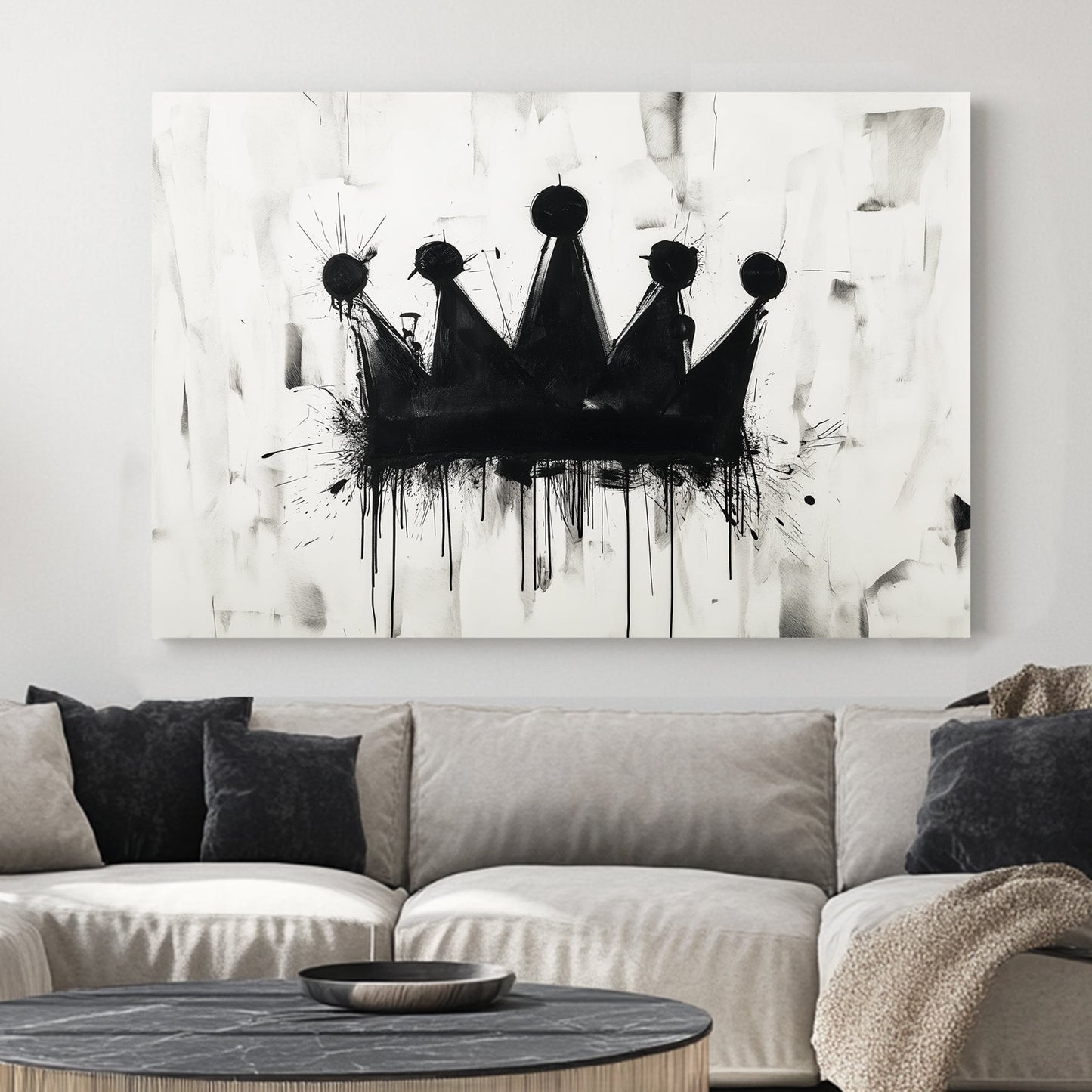 A black and white contemporary wall art print featuring a dripping black crown on a textured abstract background, blending graffiti and modern artistic elements