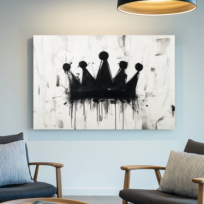 A black and white contemporary wall art print featuring a dripping black crown on a textured abstract background, blending graffiti and modern artistic elements