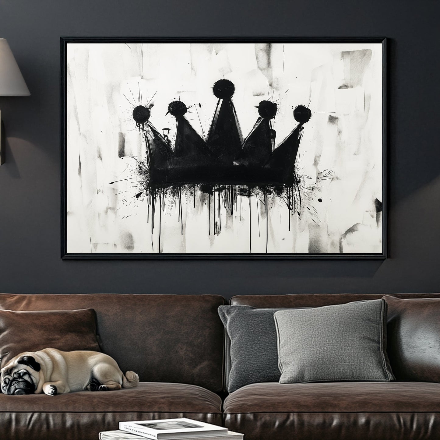 A black and white contemporary wall art print featuring a dripping black crown on a textured abstract background, blending graffiti and modern artistic elements