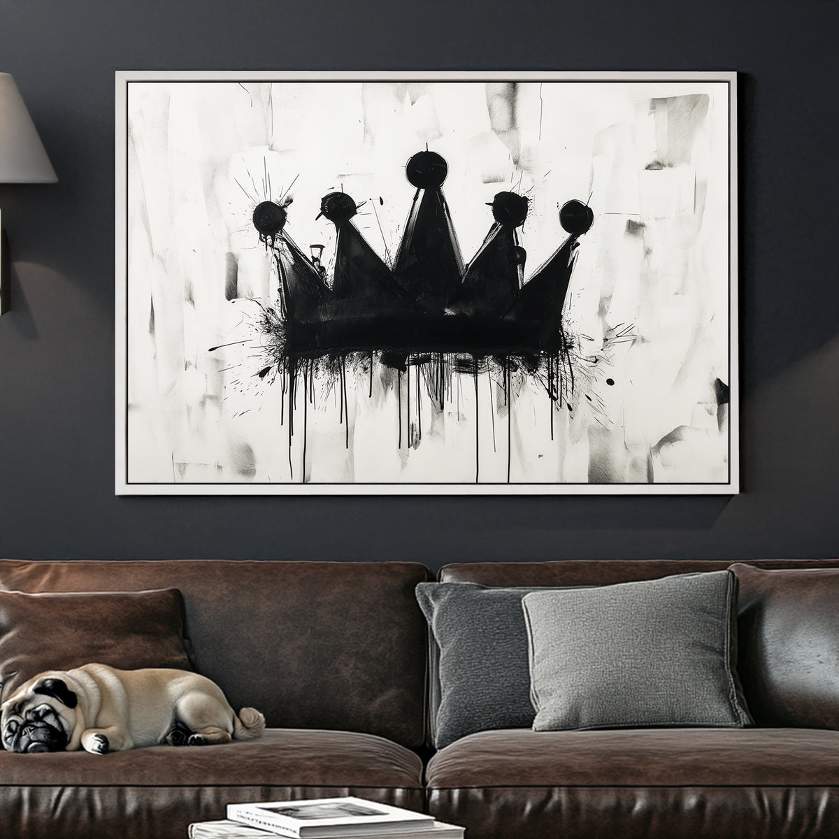 A black and white contemporary wall art print featuring a dripping black crown on a textured abstract background, blending graffiti and modern artistic elements