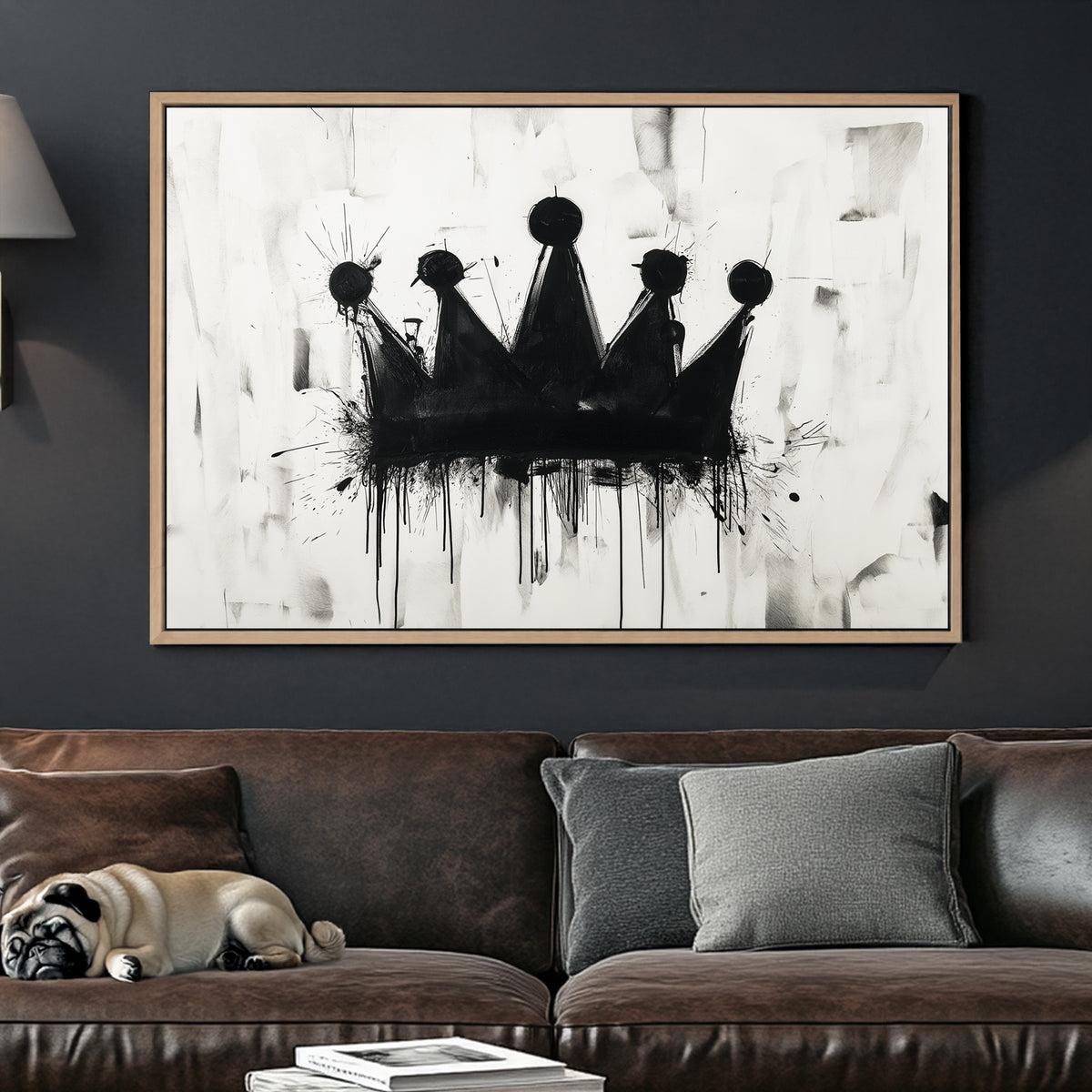 A black and white contemporary wall art print featuring a dripping black crown on a textured abstract background, blending graffiti and modern artistic elements