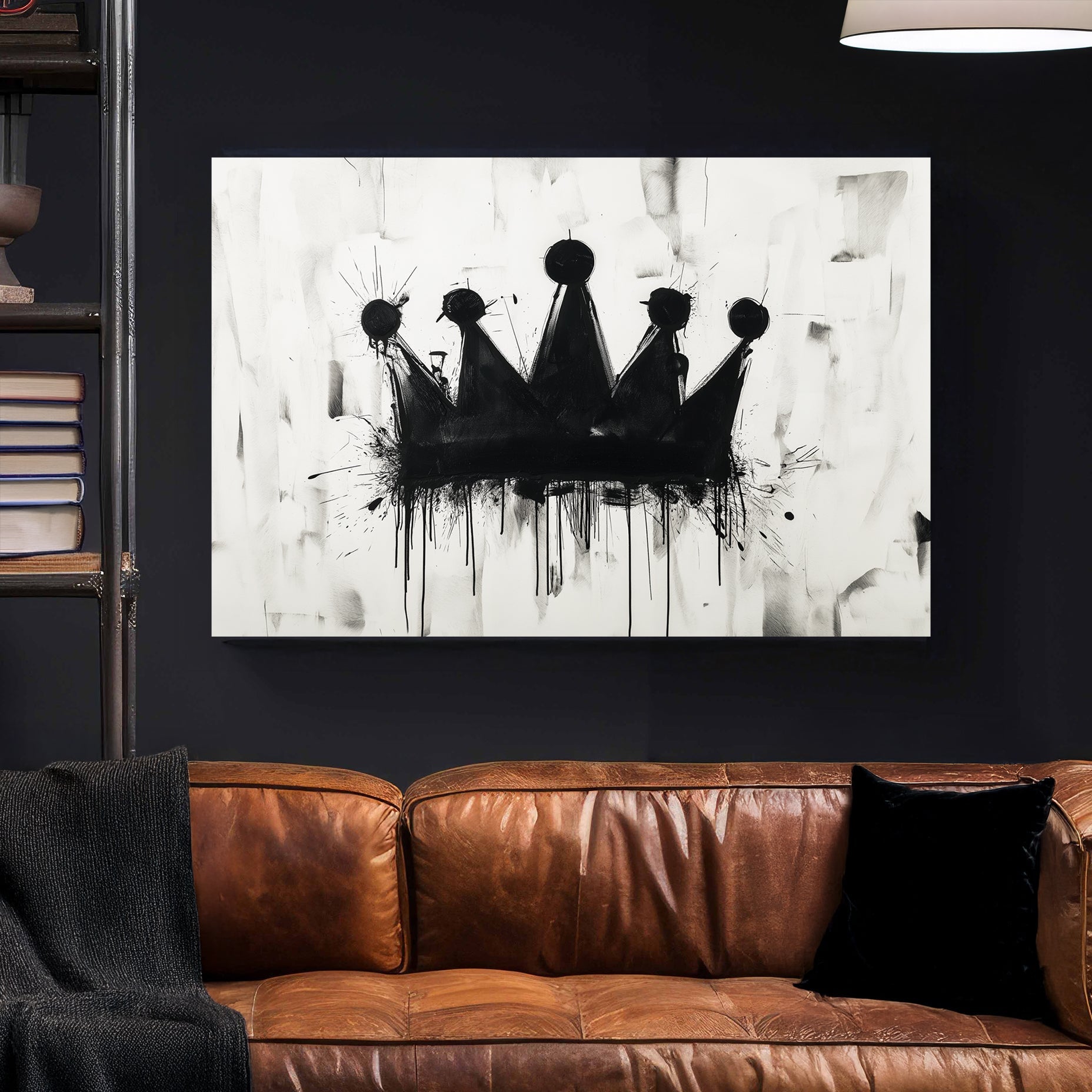 A black and white contemporary wall art print featuring a dripping black crown on a textured abstract background, blending graffiti and modern artistic elements