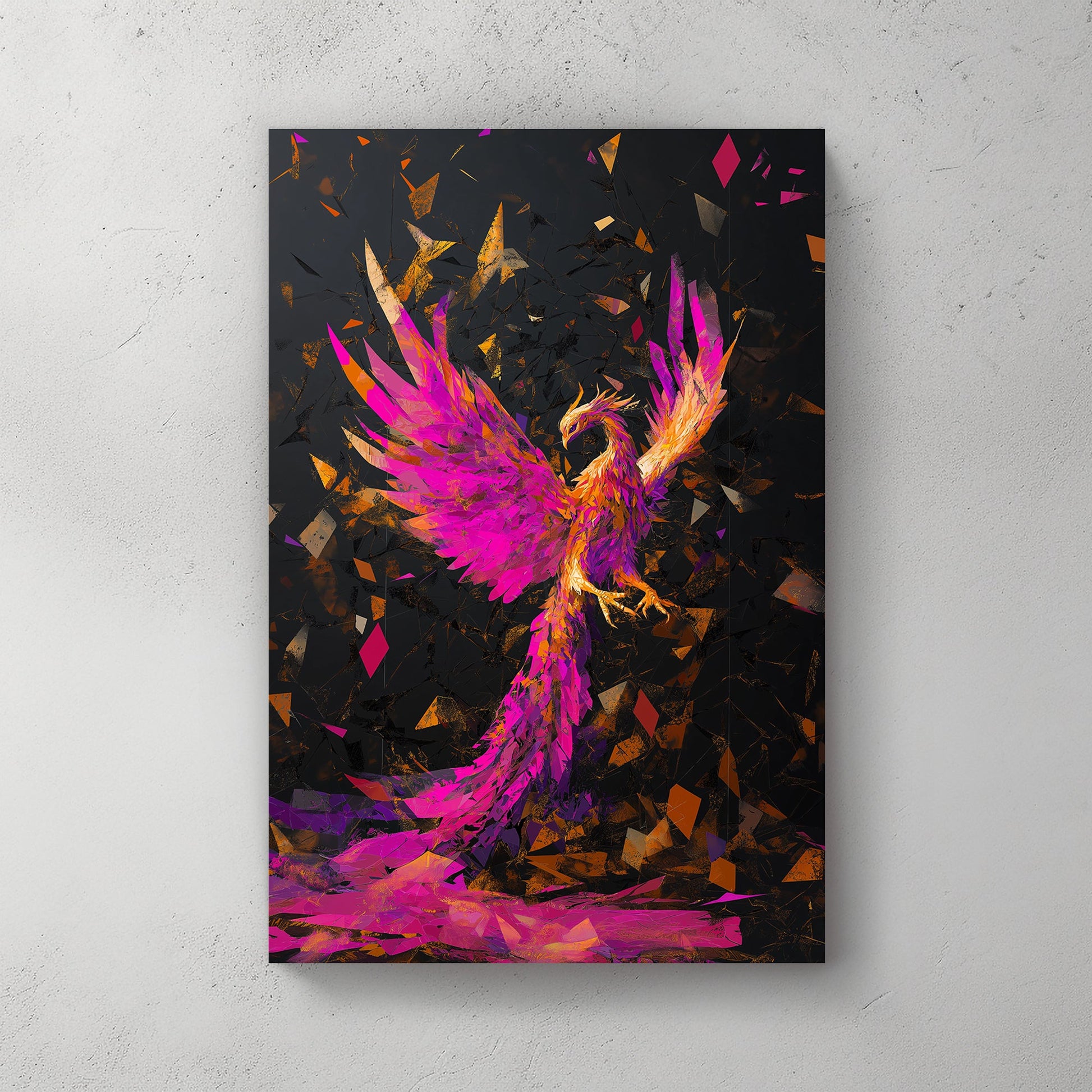 A striking wall art print of a phoenix in vibrant magenta, orange, and gold tones, rising from embers against a dark abstract background