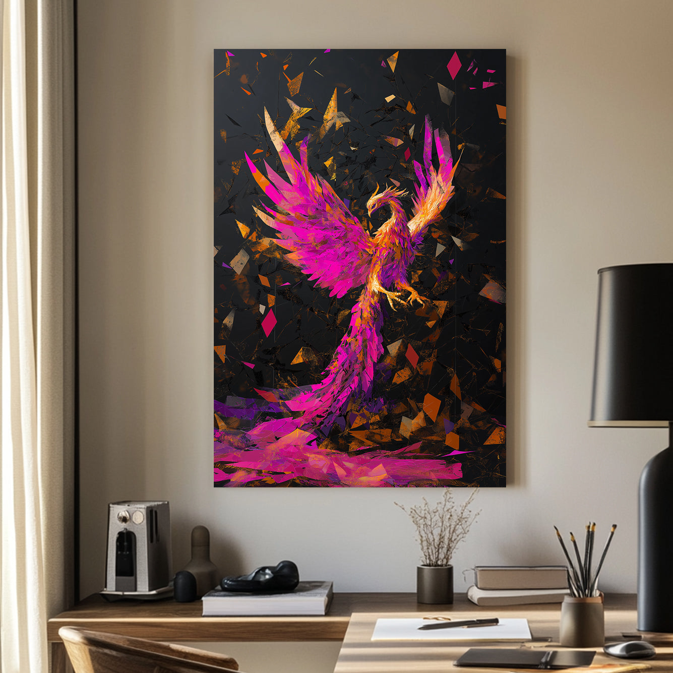 A striking wall art print of a phoenix in vibrant magenta, orange, and gold tones, rising from embers against a dark abstract background