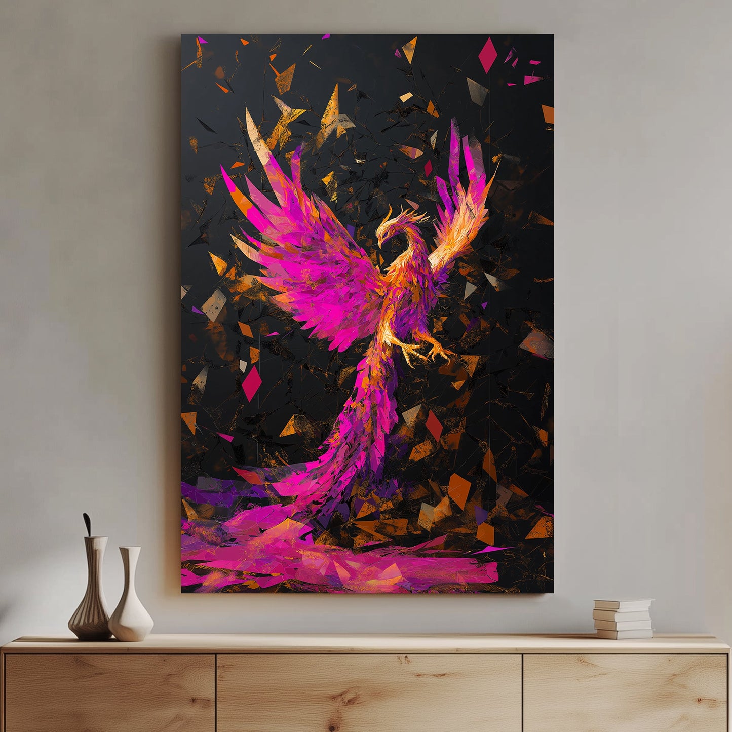 A striking wall art print of a phoenix in vibrant magenta, orange, and gold tones, rising from embers against a dark abstract background