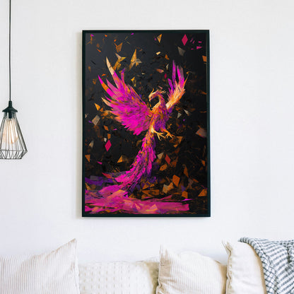 A striking wall art print of a phoenix in vibrant magenta, orange, and gold tones, rising from embers against a dark abstract background