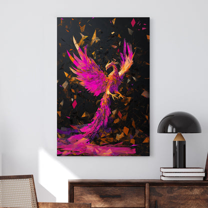 A striking wall art print of a phoenix in vibrant magenta, orange, and gold tones, rising from embers against a dark abstract background