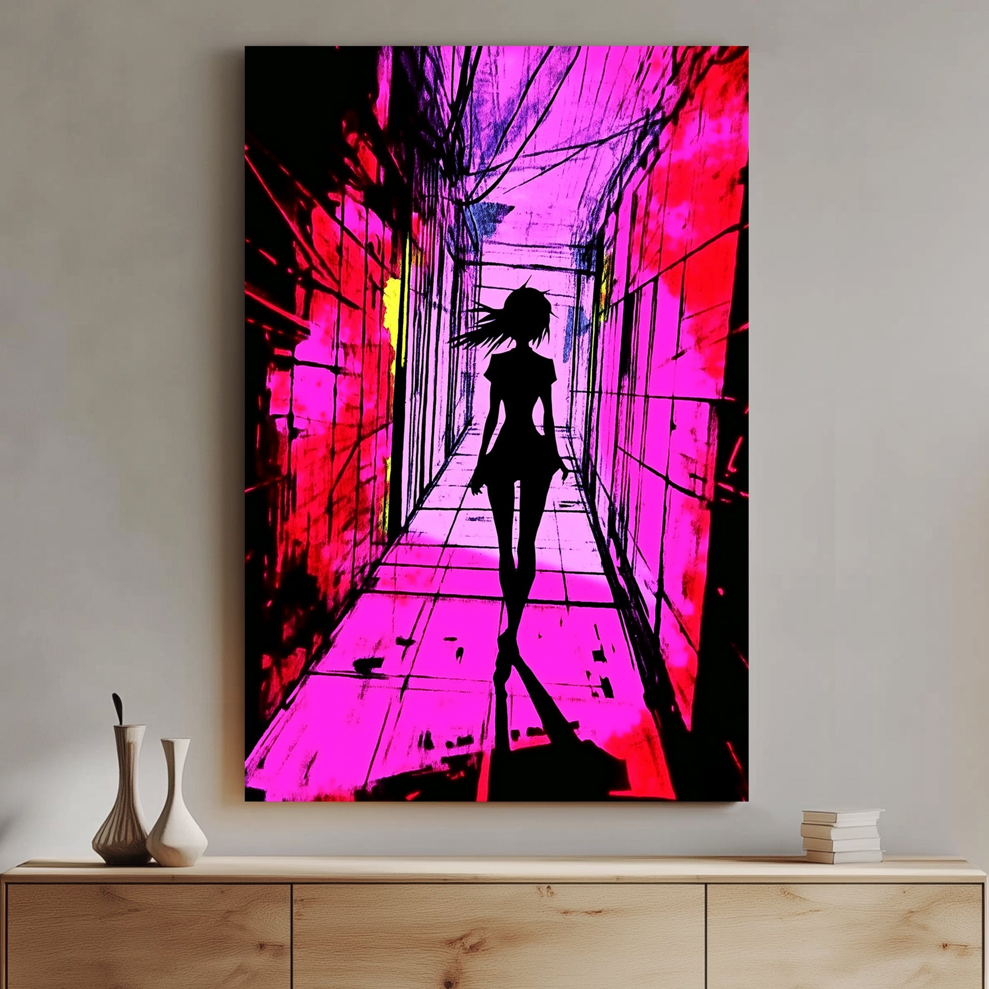 A silhouette of a figure walking down a neon-lit corridor, bathed in vibrant pink and purple hues, with cyberpunk-inspired abstract textures