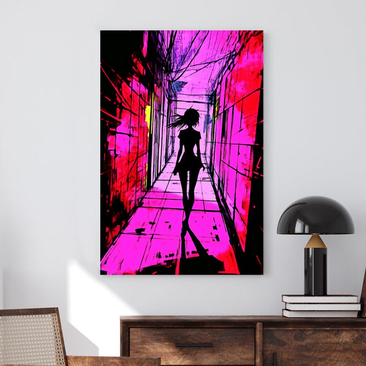 A silhouette of a figure walking down a neon-lit corridor, bathed in vibrant pink and purple hues, with cyberpunk-inspired abstract textures