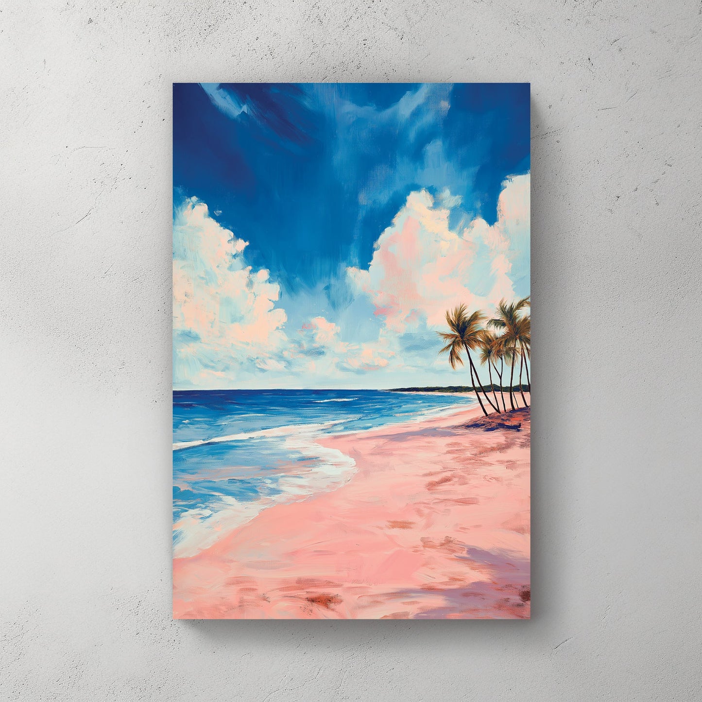 A tranquil beach scene with soft pink sand, deep blue ocean waves, and palm trees swaying under a vast sky with dreamy clouds