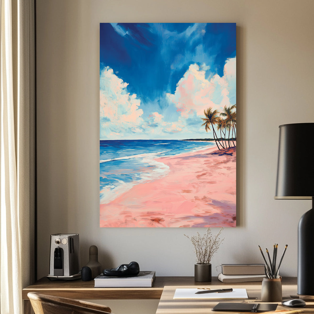 A tranquil beach scene with soft pink sand, deep blue ocean waves, and palm trees swaying under a vast sky with dreamy clouds